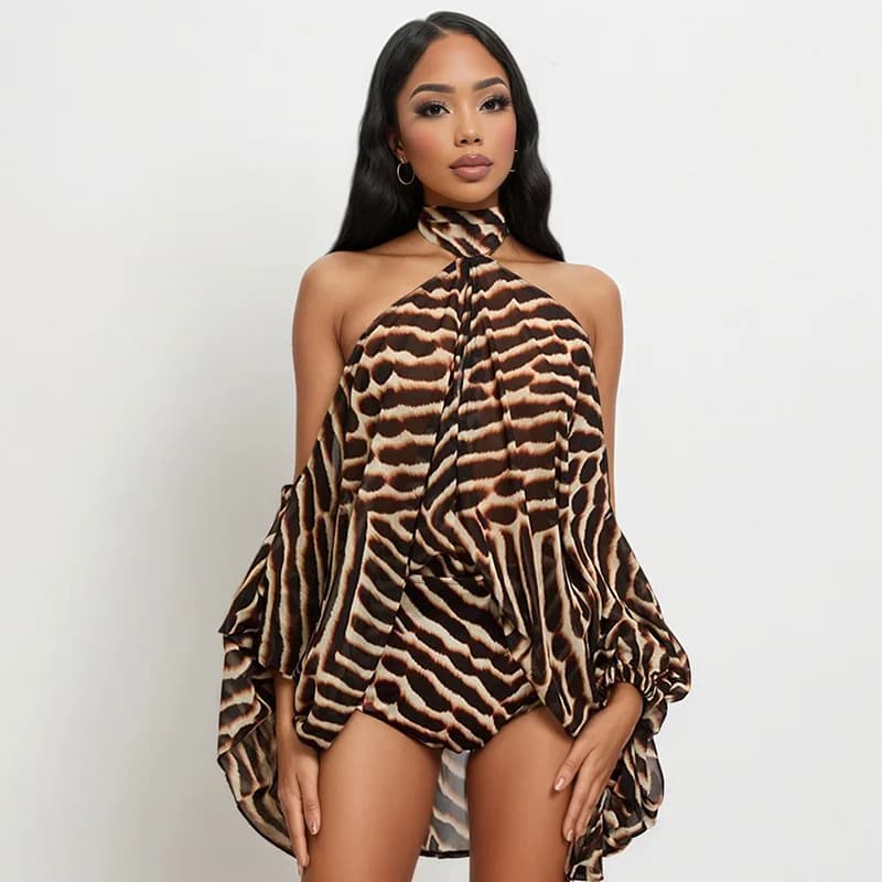Women Striped Print Vacation Beach 2 Piece Set Lace Up Halter Off Shoulder Split Lantern Sleeve Blouse Tops + Shorts Casual Suit