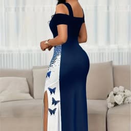 Summer Long Dress Elegant Fashionable Slim-fitting Printed Commuting Style V-neck Off-shoulder Slit Mid-waist Sleeveless Dresses
