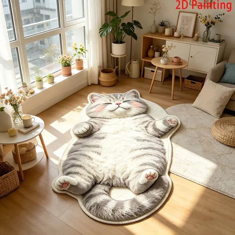 VIKAMA Blush Cheek Lying Fat Tabby Cat Bedroom Rug Full Body Irregular Outline Soft Fluffy Anti Slip Bedside Floor Carpet