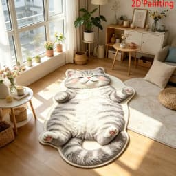 VIKAMA Blush Cheek Lying Fat Tabby Cat Bedroom Rug Full Body Irregular Outline Soft Fluffy Anti Slip Bedside Floor Carpet