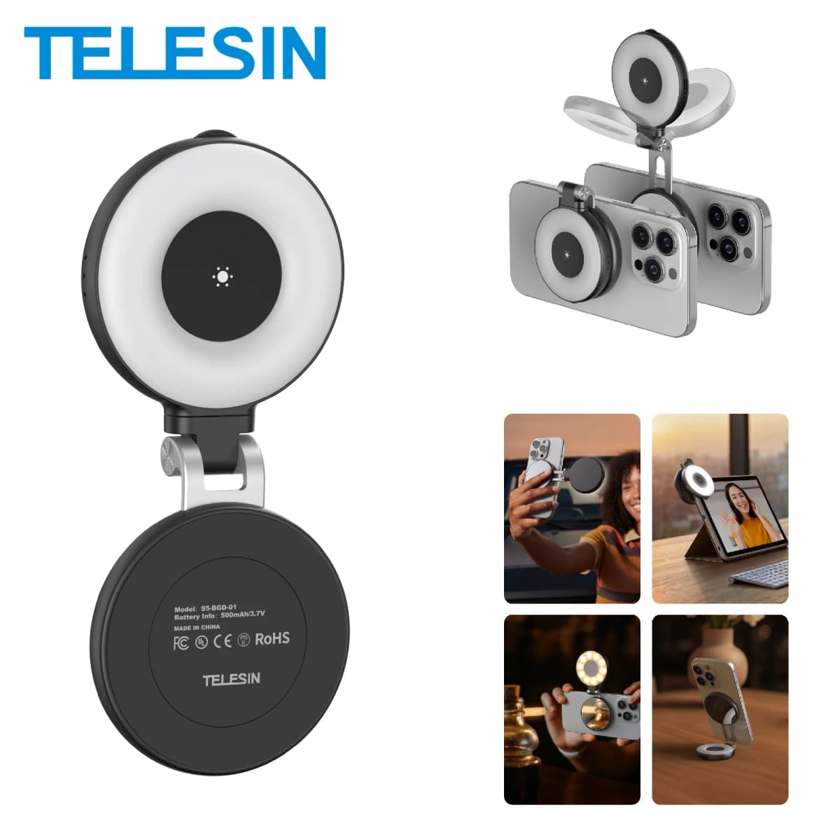 TELESIN Magnetic Fill Light Mini SSelfie Ring Fill Light 3 Modes with Mirror Light Universal for Smartphone Iphone Android