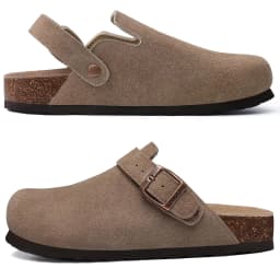 Crestar Women's Suede Clogs with Adjustable Strap Adult Fashion Cork Footbed Leather Mules New Outdoor Comfortable Potato Shoes