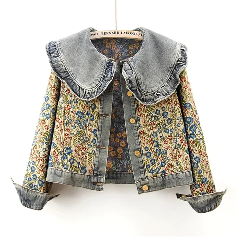 Spring Autumn Jacquard Embroidery Denim Jacket Women Loose Short Cowboy Outerwear Casual Peter Pan Collar Jeans Jacket Female