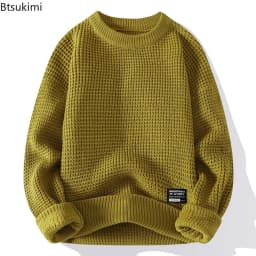 2026 Autumn Winter Men Pullovers Sweaters Knitted Top Round Neck Coarse Needle Full Sleeve Sweaters Solid Casual Loose Pullovers
