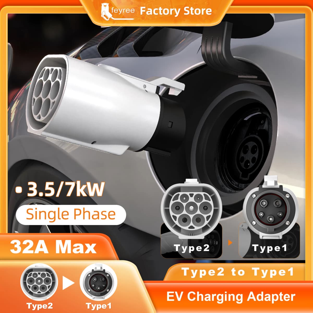 Feyree Type 2 to Type 1 Adapter IEC 62196-2 to J1772 EV Charger Adapter for Electric Vehicle Charging 16A 32A Single Phase