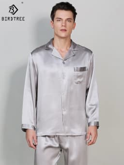 Birdtree 19 Momme 100%Pure Silk Pajamas Sets, Men Homewear Male Casual Long Sleeve Loungewear Pant 2 PCS Suit Sleepwear S38008QM
