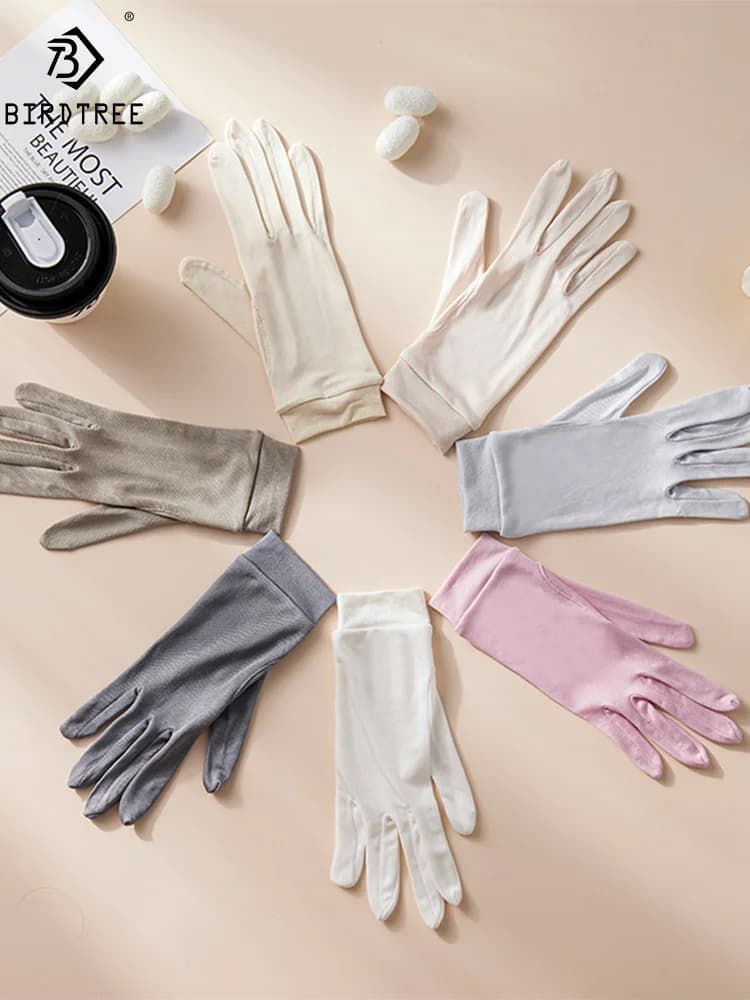 Birdtree, Women 100%Real Silk Knitted Gloves, Women's Sunproof Sleeping Glove, 2025 Fashion Casual Anti-sunburn Glove A48565QM