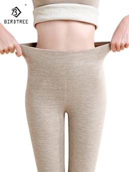 Birdtree, Cashmere Velvet Blend Warm Pants, For Women Plush Thickened lengthened High Waisted Pants With A Bottom Layer B30682QC