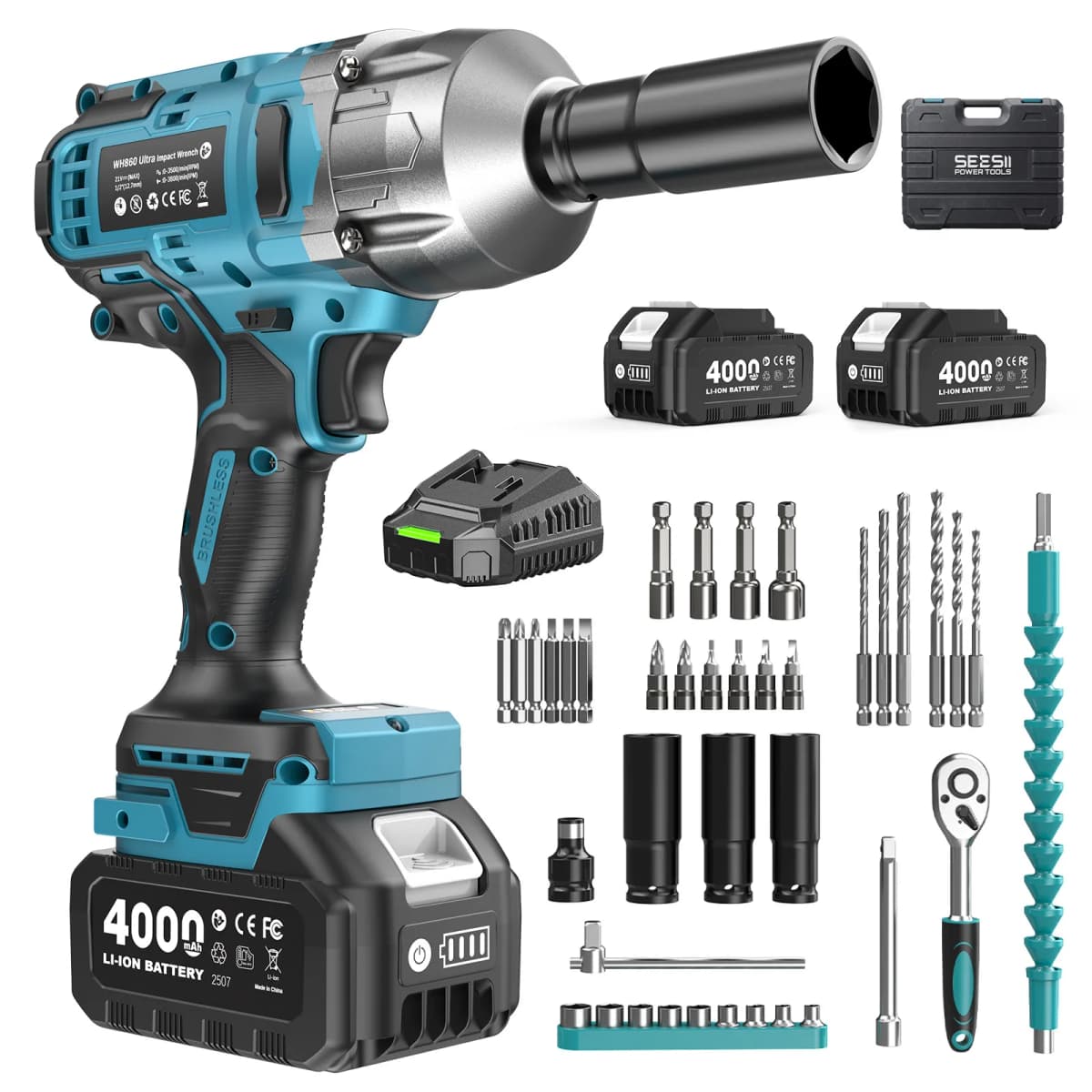 SEESII WH860 1300N.m 3-in-1 Impact Wrench & Cordless Drill & Screwdriver 1/2 Inch Brushless Motor Electric Impact Gun Kit Repair Tools With 2x4000mah Batteries LED Light For Car Truck Home DIY