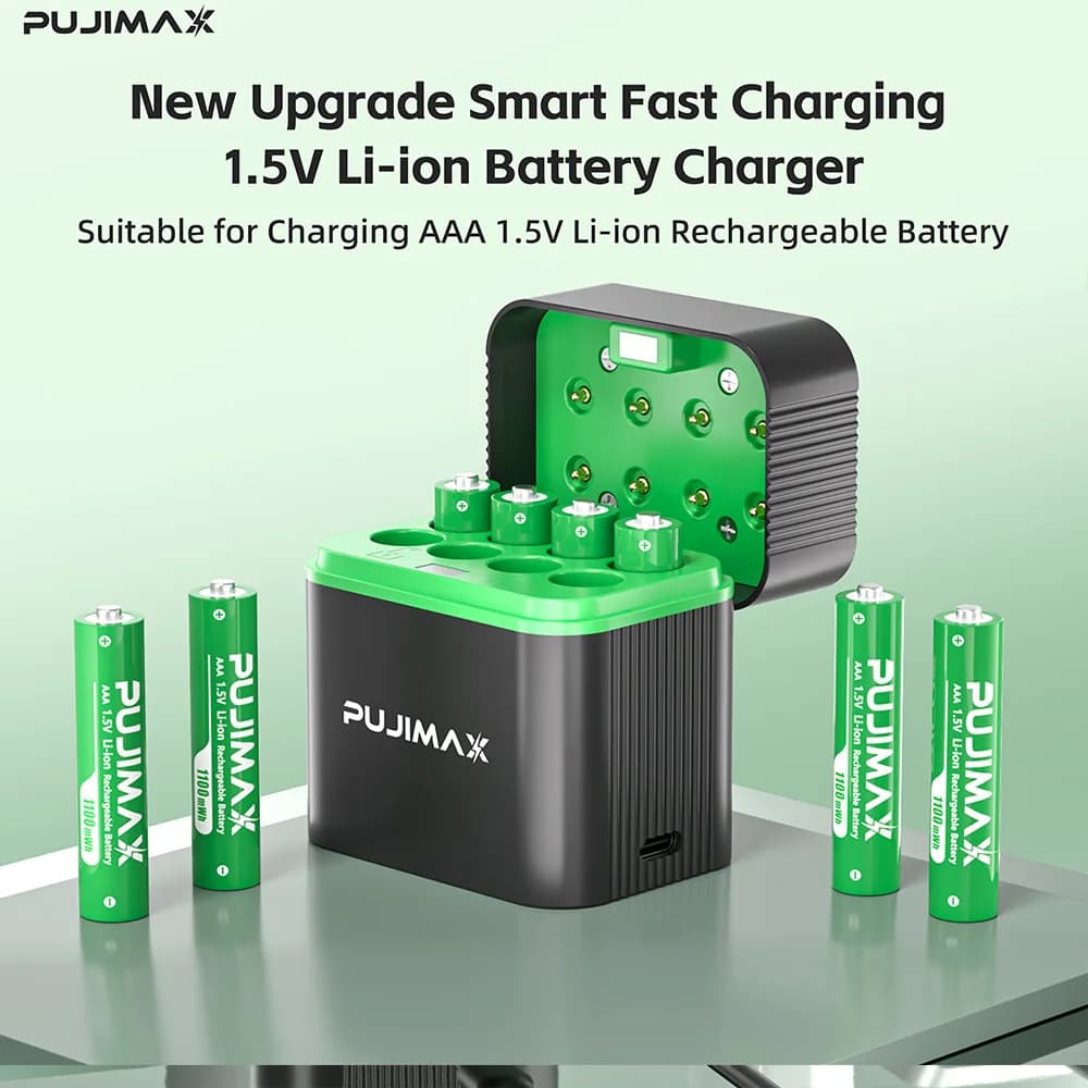 PUJIMAX 1.5V AAA 1100mWh Rechargeable Lithium-ion Battery With Smart Battery Charger SET Batteries Individually Available