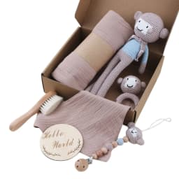 1 Set Baby Stuffed Animal Doll kawaii Panda Plush Toys+Crochet Rattle+Hair Brush+Newborn Swaddle Wrap Baby Birth Shower Gift Box