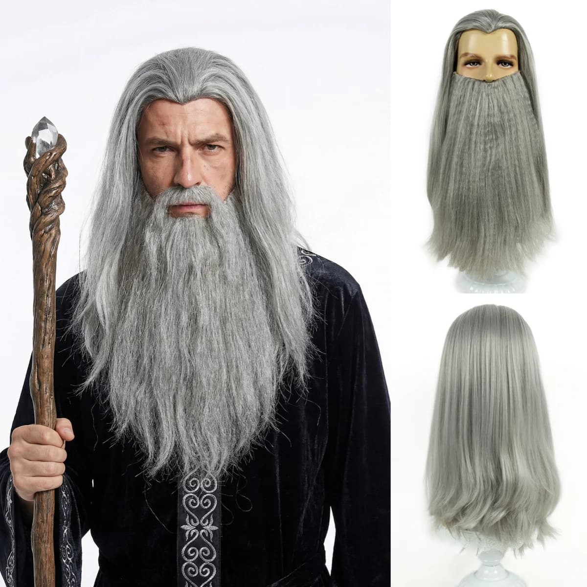 REEWES Wig Beard Set Grey Long Curl Yaki Synthetic Hair Old Man Costume Wig Anime Cosplay Halloween Party Proofs