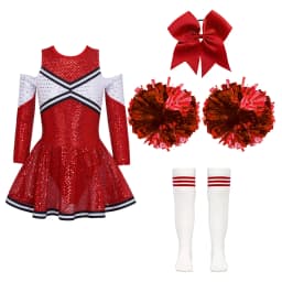 Girl Cheerleader Costume Children's Cheer Dance Outfits Sequins Cheerlead Dress + Hand Flowers Teamwear Suit Kids Dancewear Set