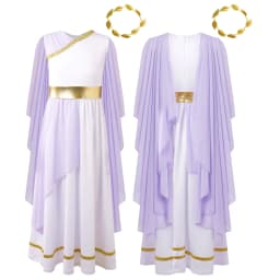 Kids Girls Roman Ancient Greek Godess Toga Costume Athena Cosplay Princess Robe Dress with Flowy Tulle Shawls Headwear Outfits
