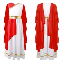 Kids Girls Roman Ancient Greek Godess Toga Costume Athena Cosplay Princess Robe Dress with Flowy Tulle Shawls Headwear Outfits