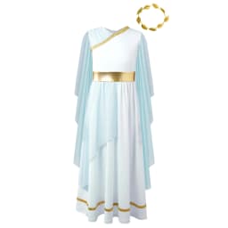 Kids Girls Roman Ancient Greek Godess Toga Costume Athena Cosplay Princess Robe Dress with Flowy Tulle Shawls Headwear Outfits