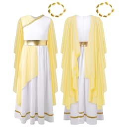 Kids Girls Roman Ancient Greek Godess Toga Costume Athena Cosplay Princess Robe Dress with Flowy Tulle Shawls Headwear Outfits