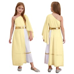 Kids Girls Roman Ancient Greek Godess Toga Costume Athena Cosplay Princess Robe Dress with Flowy Tulle Shawls Headwear Outfits