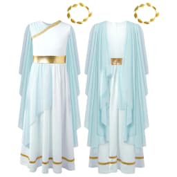 Kids Girls Roman Ancient Greek Godess Toga Costume Athena Cosplay Princess Robe Dress with Flowy Tulle Shawls Headwear Outfits
