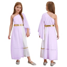 Kids Girls Roman Ancient Greek Godess Toga Costume Athena Cosplay Princess Robe Dress with Flowy Tulle Shawls Headwear Outfits