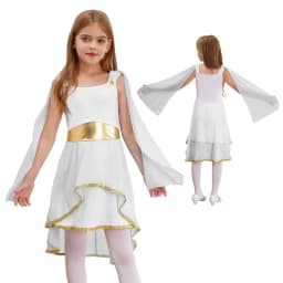 Kids Girls Roman Ancient Greek Godess Toga Costume Athena Cosplay Princess Robe Dress with Flowy Tulle Shawls Headwear Outfits