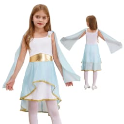 Kids Girls Roman Ancient Greek Godess Toga Costume Athena Cosplay Princess Robe Dress with Flowy Tulle Shawls Headwear Outfits