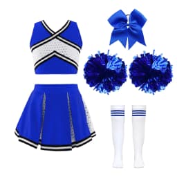 Kids Girls Cheerleader Costume Outfit Sequins Crop Top Pleated Skirt with Headwear Striped Socks School Cheerleader Uniform Suit