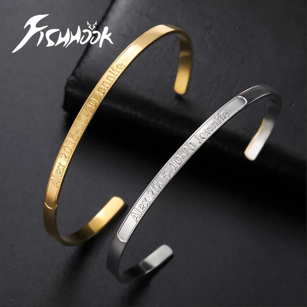 Couple Name Text Engrave Custom Bangle Personalized Bracelet Cuff Gift for Women Men Family Friend Metal Stainless Steel Jewelry