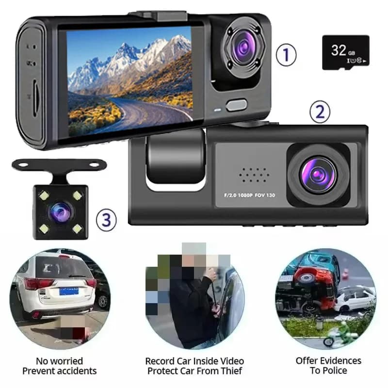 Dash Cam W/ IR Night Vision Loop Recording & 2" IPS Screen 1080P 3 Camera , DVR recorder, video recorder, Vehicle DVR