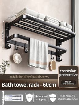 Upgrade And Thicken Grey/Black 50CM-60CM Folding Aluminum Towel Rack Holder With Hook Towel Holder