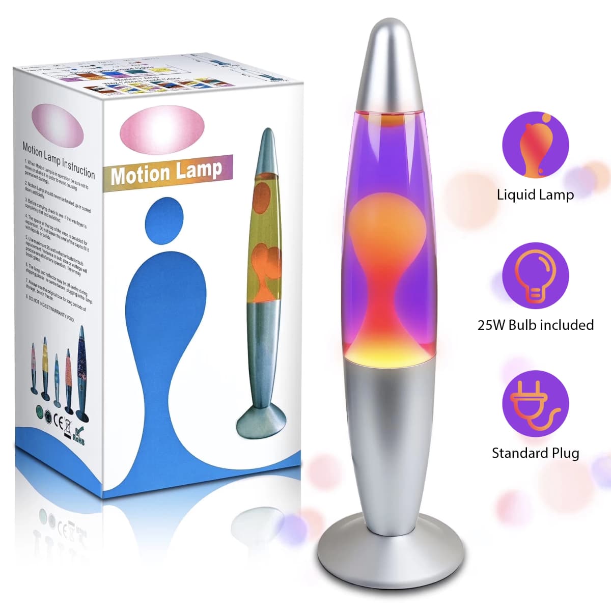 16 Inch Lava Lamp with 25W Bulb, Silver BaseLiquid Motion Lamp, Orange Wax Purple Liquid Magma Lamp, Standard Plug Vintage Decorative Night Light for Bedroom Office Gift