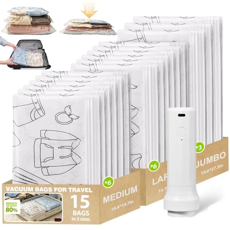 15 Pack Vacuum Storage Bags Rechargeable Pump, Vacuum Storage Bags Space Saver, Vacuum Compression Bags for Clothes, Bedding