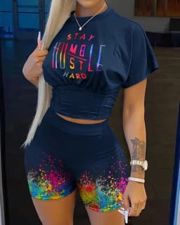 Casual O-neck Short Sleeve T-shirt Shorts Set Office Lady Summer Letter Print Tops Solid Shorts Two Piece Set Women Outfit 2024