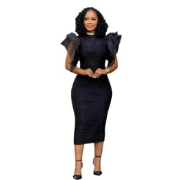 CM.YAYA Women Ruffles Short Sleeve O-neck Striped Knee Length Dress Street Vestidos Sexy Night Club Party Evening Chic Dresses