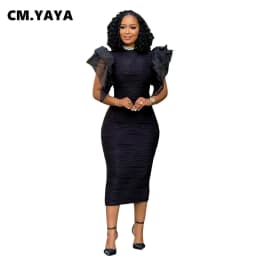 CM.YAYA Women Ruffles Short Sleeve O-neck Striped Knee Length Dress Street Vestidos Sexy Night Club Party Evening Chic Dresses