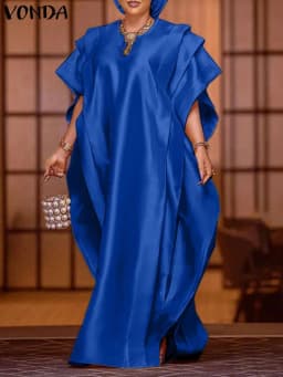 Plus Size 5XL VONDA Summer Maxi Dress Women Elegant Short Sleeve Ruffled Satin Party Sundress 2023 Casual Loose Solid Color Robe