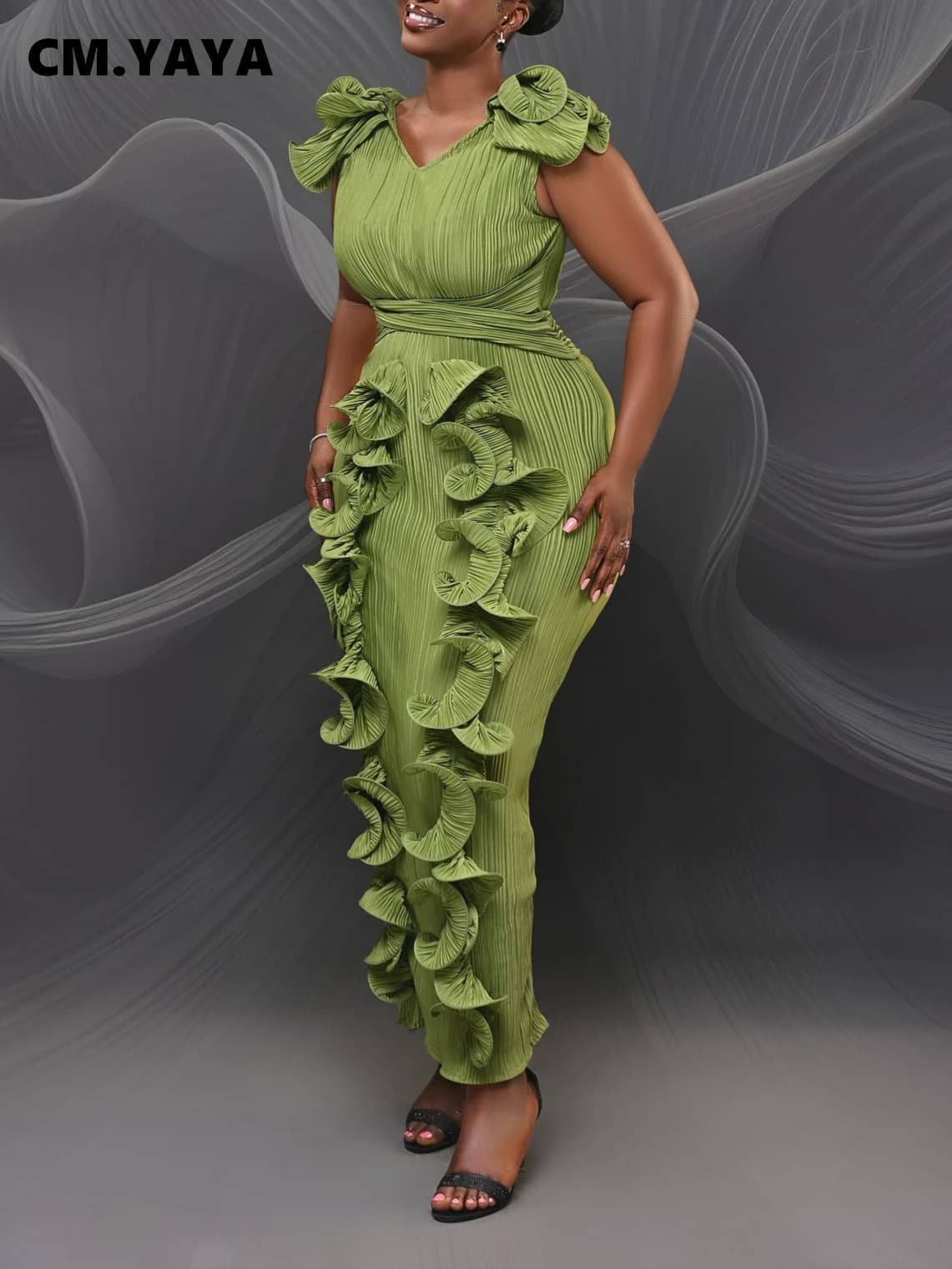 CM.YAYA Women Ruffles Splicing V-neck Sleeveless Bodycon Midi Pleated Maxi Long Dress 2025 Birthday Sexy Club Party Even Dresses
