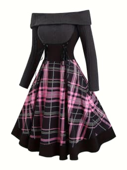 A Retro Era Plaid Off-the-Shoulder Knitted Dress for Women's Autumn and Winter in Size 2025