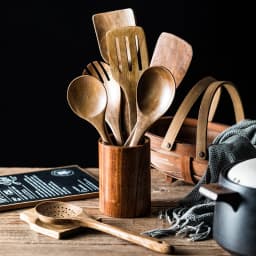 9PCS Wooden Spoons For Cooking, Wooden Utensils For Cooking With Utensils Holder, Teak Wooden Kitchen Utensils Set
