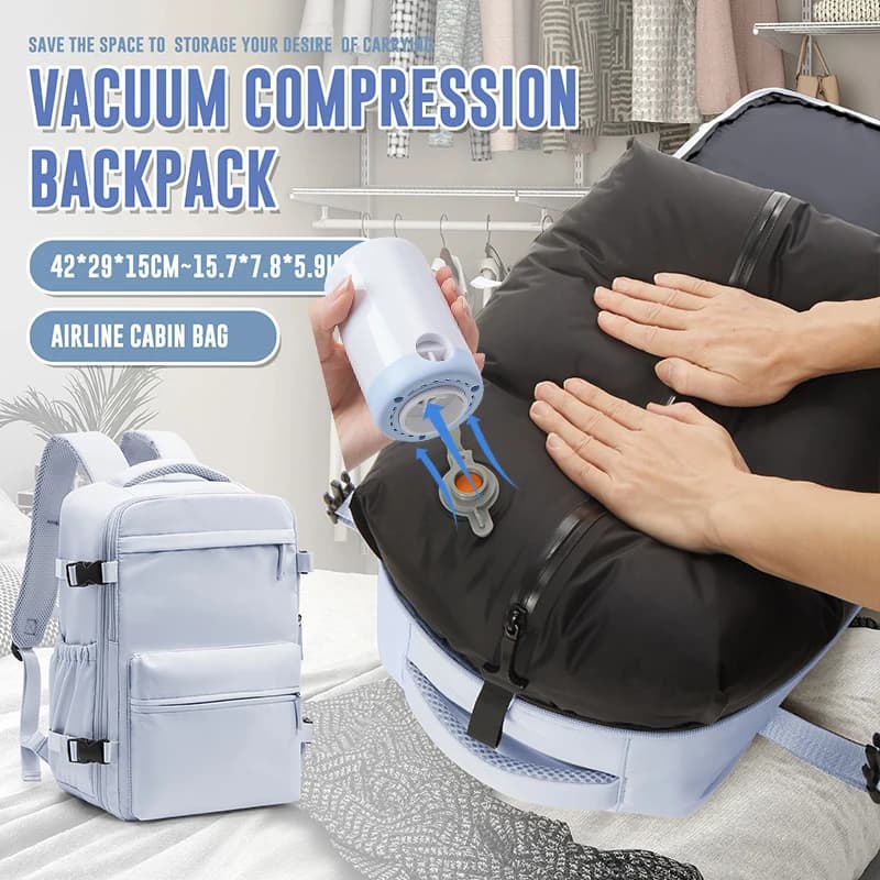 Vacuum Compression Backpack with Pump, Wizzair Easyjet Cabin Bag Travel Backpack for Women Men, Airplane Hand Luggage Laptop Bag