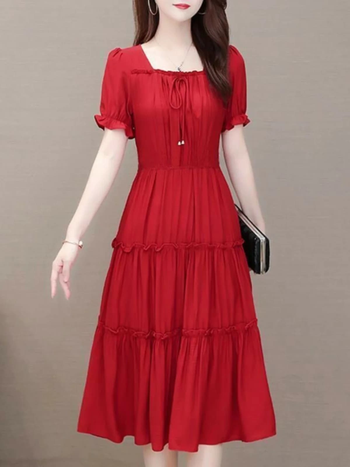 Red Midi Dress Women's Summer 2024 Fashionable Waist-Cinching Square Collar Short Sleeve Color Pocket Square Casual Style