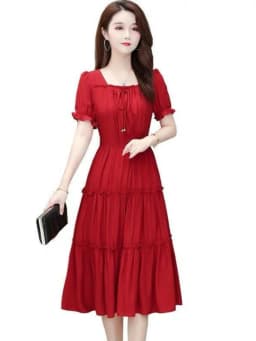 Red Midi Dress Women's Summer 2024 Fashionable Waist-Cinching Square Collar Short Sleeve Color Pocket Square Casual Style