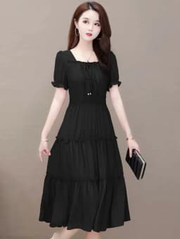 Red Midi Dress Women's Summer 2024 Fashionable Waist-Cinching Square Collar Short Sleeve Color Pocket Square Casual Style