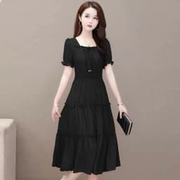 Red Midi Dress Women's Summer 2024 Fashionable Waist-Cinching Square Collar Short Sleeve Color Pocket Square Casual Style