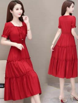 Red Midi Dress Women's Summer 2024 Fashionable Waist-Cinching Square Collar Short Sleeve Color Pocket Square Casual Style
