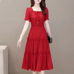 Red Midi Dress Women's Summer 2024 Fashionable Waist-Cinching Square Collar Short Sleeve Color Pocket Square Casual Style
