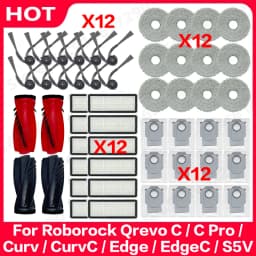 Roborock Qrevo C/C Pro/Curv/CurvC/Edge/EdgeC/S5V Compatible Main Side Brush, Mop Cloth, Dust Bag & Filter Set
