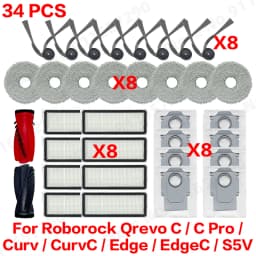 Roborock Qrevo C/C Pro/Curv/CurvC/Edge/EdgeC/S5V Compatible Main Side Brush, Mop Cloth, Dust Bag & Filter Set