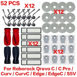 Roborock Qrevo C/C Pro/Curv/CurvC/Edge/EdgeC/S5V Compatible Main Side Brush, Mop Cloth, Dust Bag & Filter Set