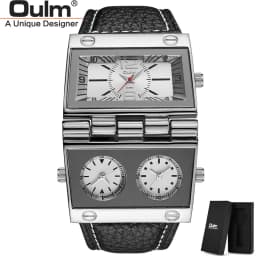 OULM 9525 Big Unique Design Male Watch Three Time Zone Unique Men's Military Watches Punk Style Leather Strap Wristwatch